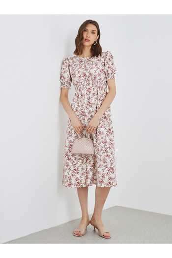 Styli Women Beige Floral Print A-Line Midi Dress
