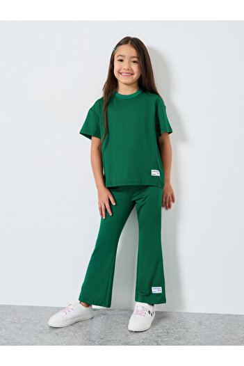 Styli Girls Dark Green Slogan T-Shirt and Legging Set