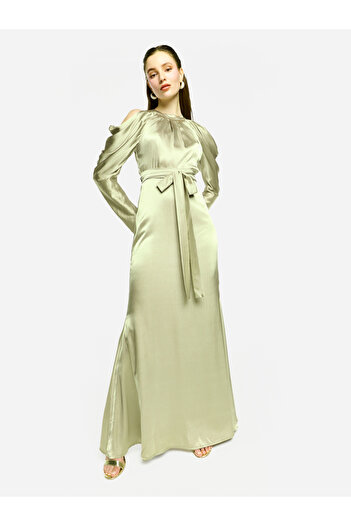 House of Moda By Styli Pleated Neckline Cold Shoulder Tie-Up Waist Maxi Dress