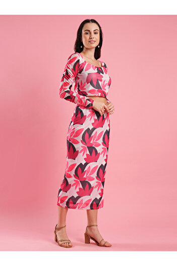 Globus By Styli Floral Print Mesh Crop Top and Pencil Skirt Co-Ords