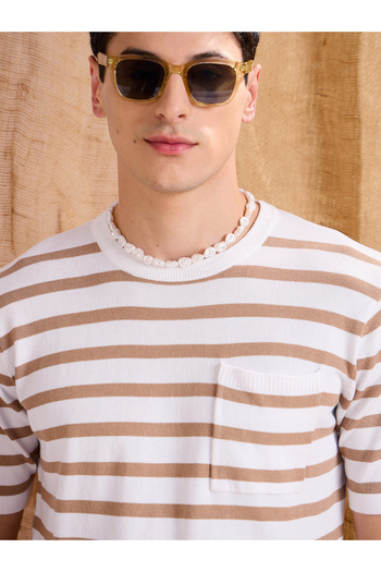 Mascln Sassafras By Styli White and Beige Stripes Premium Knit Chest Pocket T-Shirt