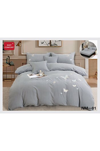 FIONNA.RO Premium Finet Bed Linen With Embroidery And Elastic - Grey With Butterflies