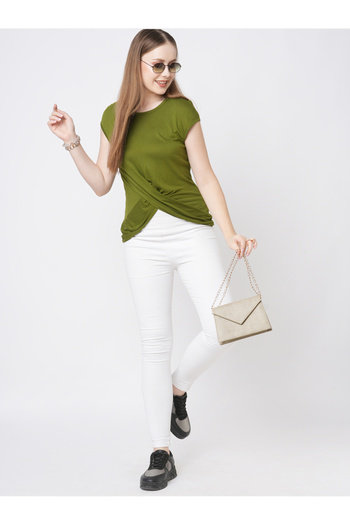 Mish By Styli Women Olive Solid Twist Front Short Sleeve T-Shirt