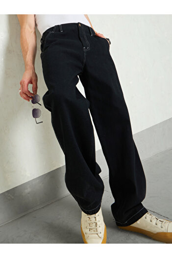 Mascln Sassafras By Styli Men Black Mid Rise Contrast Thread Detail Wide Leg Jeans