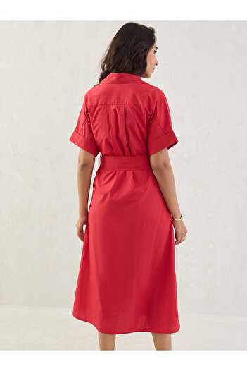 Styli Red Solid Poplin Shirt Midi Dress with Belt Detail