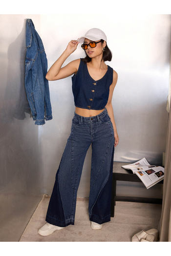 Sassafras By Styli Blue Denim Buttoned Crop Top