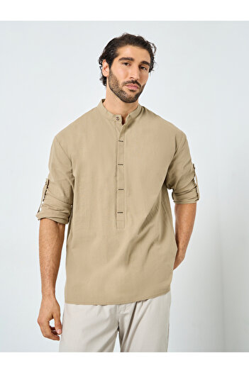 Styli Men Mandarin Collar Half Placket Regular Fit Shirt