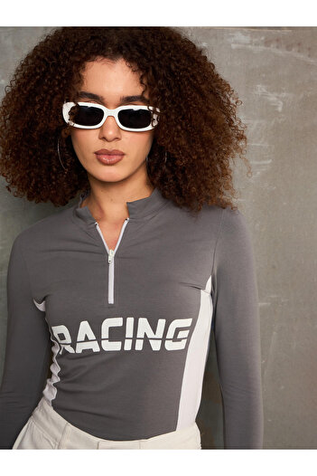 Sassafras By Styli Grey Racing Print High Neck Fitted T-Shirt