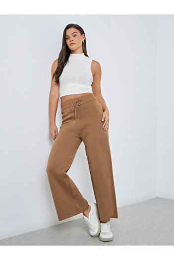 Styli Flat Knit Wide Leg Pants with Drawstring Waist