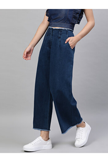 STREET 9 By Styli Mid Rise Wide Leg Raw Hem Trousers
