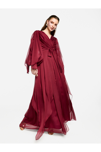 House of Moda By Styli Pleated Balloon Sleeve Waist Tie-Up A-Line Maxi Dress