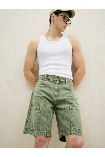 Mascln Sassafras By Styli Men Green Washed Denim Relaxed Fit Carpenter Shorts
