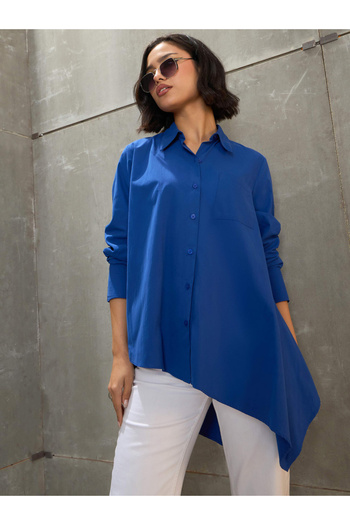 Sassafras By Styli Royal Blue Poplin Asymmetric Hem Buttoned Shirt