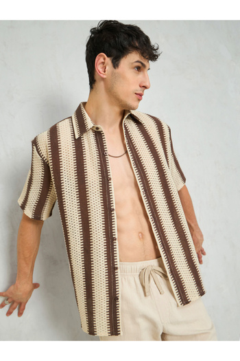 Mascln Sassafras By Styli Men Striped Crochet Relaxed Fit Shirt