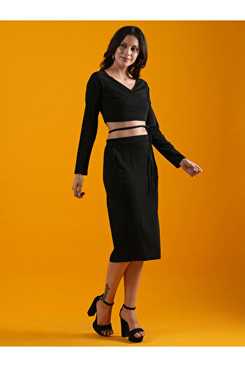 Globus By Styli Women Black Tie-Up Wrap Crop Top and Skirt Co-Ords