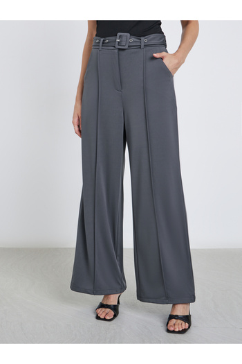 Styli Women Charcoal Wide Leg Trousers with Pintuck Detail