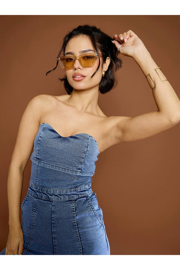 Sassafras By Styli Blue Bardot Neck Denim Flared Jumpsuit