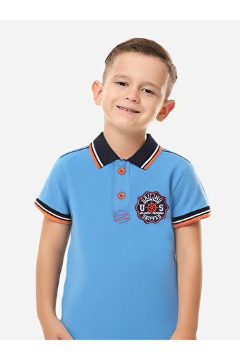 Victor and Jane By Styli Boys Blue Embroidered Detail Short Sleeve Polo T-Shirt