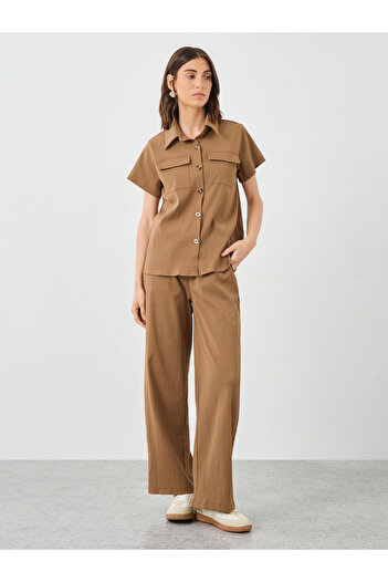 Styli Brown Solid Shirt and Wide Leg Pants Co-Ords