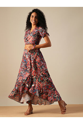 Globus By Styli Paisley Print Crop Top and Ruffled Maxi Skirt Co-Ords