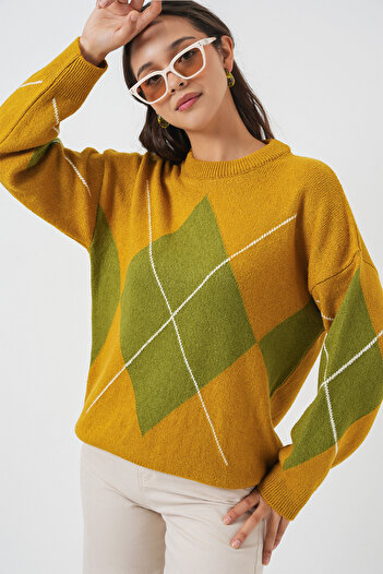 Bigdart 15895 Diamond Patterned Oversize Knitwear Sweater - Mustard
