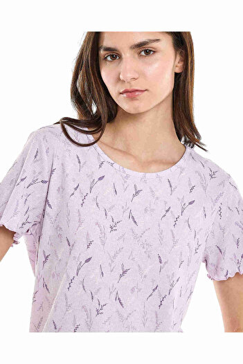 R&B Printed Sleep Top with Crew Neck and Short Sleeves