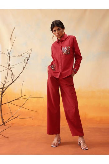 INDO STREET By Styli Red Beaded Embellished Shirt and Trousers Co-Ords