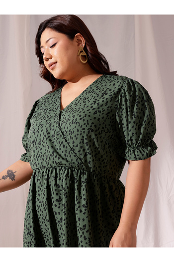 CURVY STREET By Styli Plus Size Printed V-Neck Puff Sleeve Wrap Midi Dress