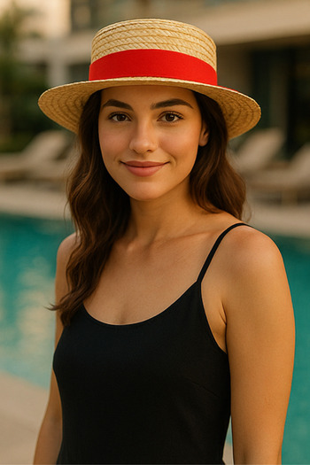 LAGRANZE Trend Summer Straw Hat Women – Boater Style Black Ribbon