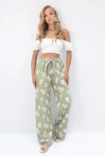 VAGGON Women's Green Flock Printed Palazzo Linen Pants Prmx14218