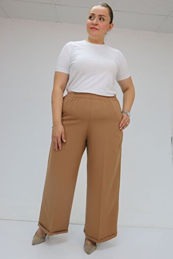 Eslina 59008 Large Size Double Leg Trousers with Elastic Waist - Tan