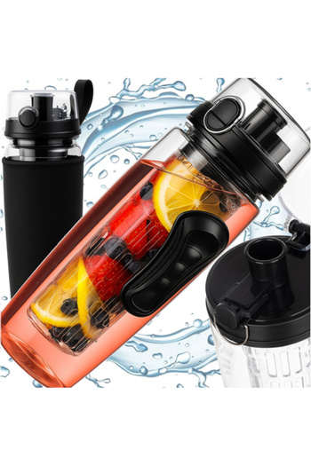 zola Water bottle with container, capacity 1 L, cover, leakproof, plastic, 25 x 8 cm, black