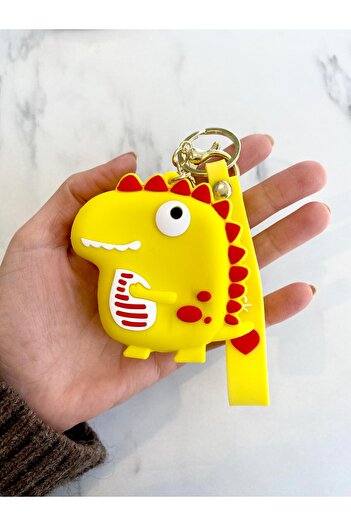 Lilyum Aksesuar Sarı Silikon Dinozor Fermuarlı Airpods Kılıfı Bozuk Para Çocuk Cüzdan Çanta Charm Maskot Anahtarlık