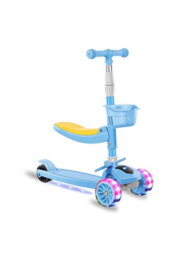 Elindor Trotinetă 2 în 1 cu scaun, roți LED și muzică, 2-12 ani, 100 kg, albastră