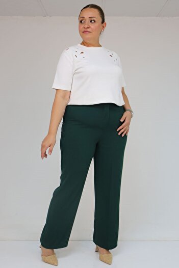 Eslina 59016 Plus Size Crepe Trousers with Button Waist - Emerald