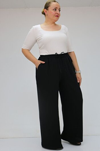 Eslina 59021 plus size elastic waist muslin wide leg pants - black