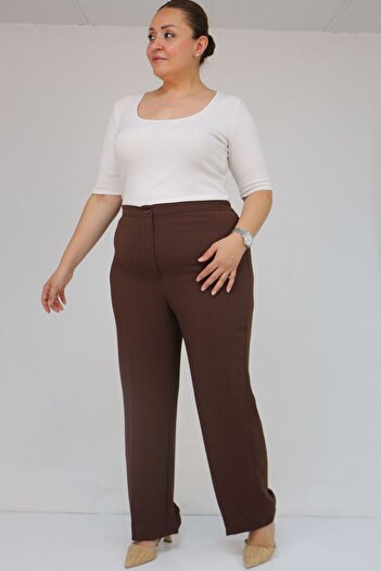 Eslina 59016 Plus Size Crepe Trousers with Button Waist - Brown