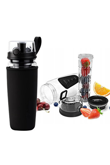 zola Water bottle with container, capacity 1 L, cover, leakproof, plastic, 25 x 8 cm, black