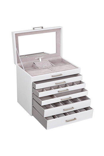 SONGMICS 6-Tier MDF Jewelry Box with 5 Drawers and Mirror 31x32x22cm, White