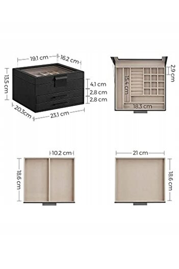 OEM SONGMICS 3-Tier Jewelry Box, 2 Drawers, Glass Lid and Lock, 20x23x14cm, ne