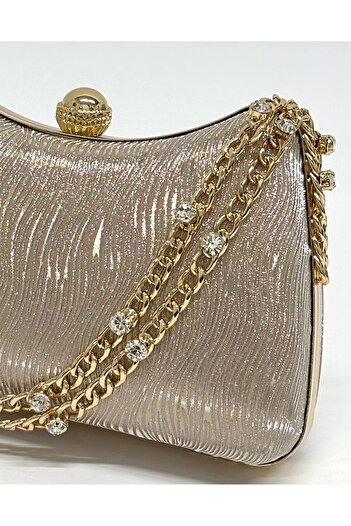 NAZART Women's Wavy Glitter Gold Evening Dress Clutch Chain Strap Hand Wedding Engagement Evening Bag