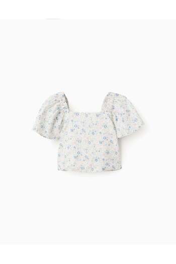 Ziddy Floral Top with Butterfly Sleeves and Open Back for Girls, White