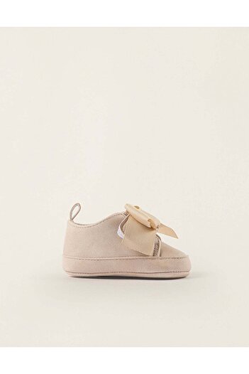 Ziddy Shoes with Touch Fastener and Bow for Newborn Girls, Beige