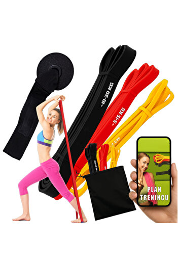 zola Set of 3 resistance bands and hook, resistance 2–6/5–15/10–30kg, 208 cm, training plan, cover