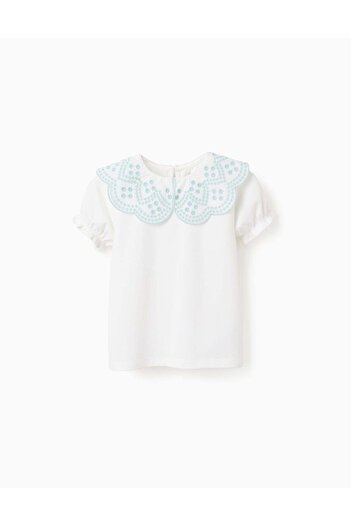 Ziddy T-shirt with English Embroidery Collar for Girls, White/Aqua Green