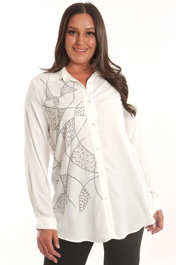 Metpoint Trend42Plus Large Size Stone Print Detailed Woven Ecru Shirt