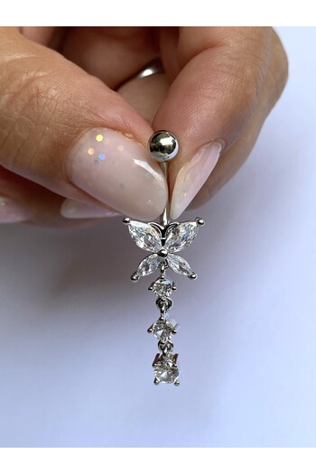 kurukafagift Çelik Göbek Piercing Kelebek Zirkon Taşlı Sallantılı Üç Sıralı