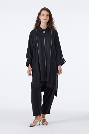 Zühre Shirt Collar Zipper and Sleeve Detailed Black Double Suit Tk-1517