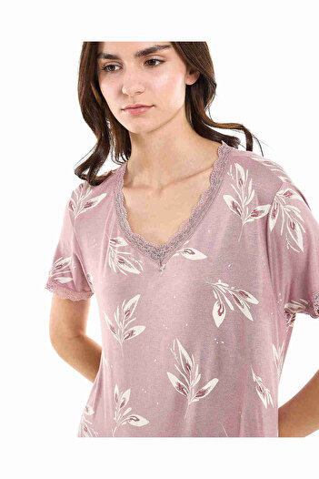 R&B Patterned Nightdress with V-Neck and Short Sleeves
