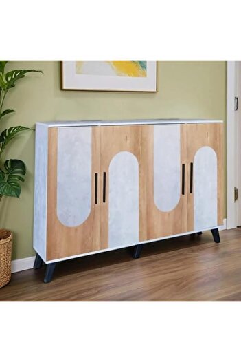 BAITY Shoe Cabinet with 4 Malaysian Wood Doors - Grey and Wooden Color - MLY-1058